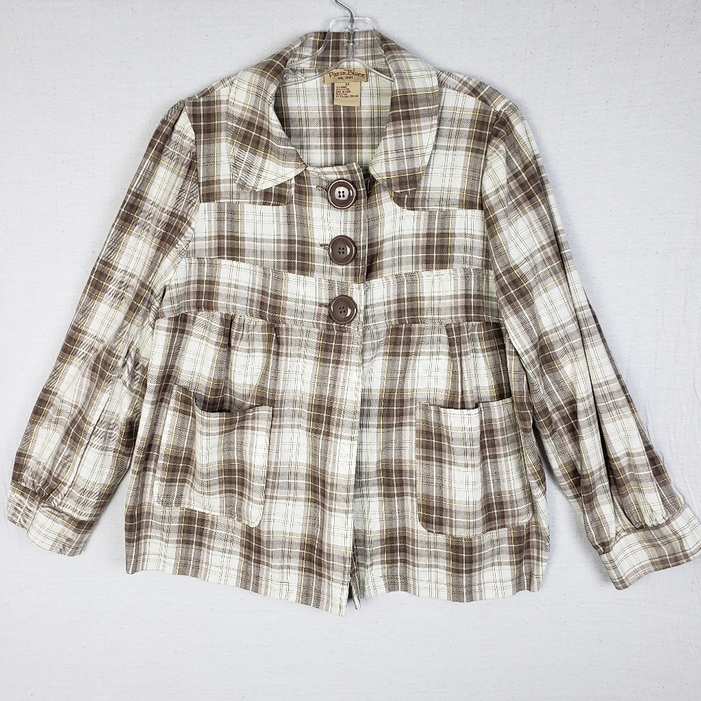 Vintage Paris Blues Plaid Shacket Tunic Jacket Ramie Cotton Big Buttons size 2X